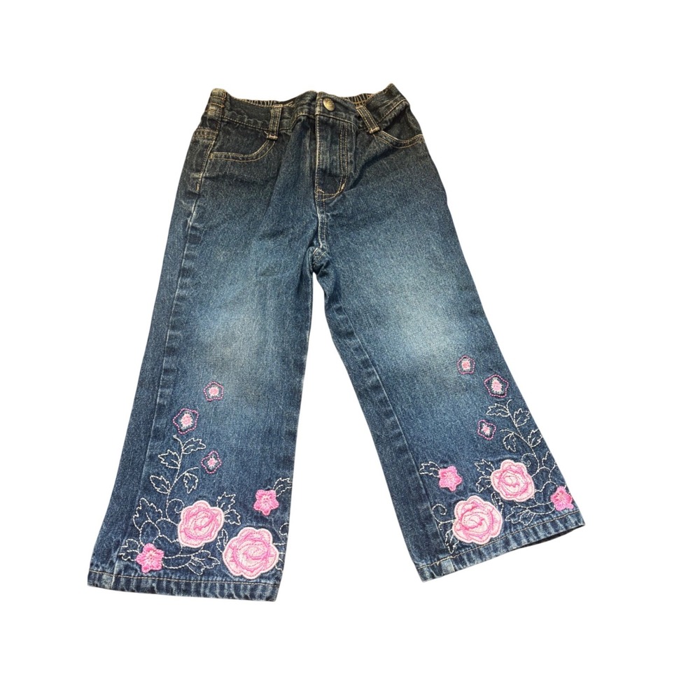 y2k Vintage Faded Glory Girls 3T Floral Embroidered Jeans wide leg flare bootcut